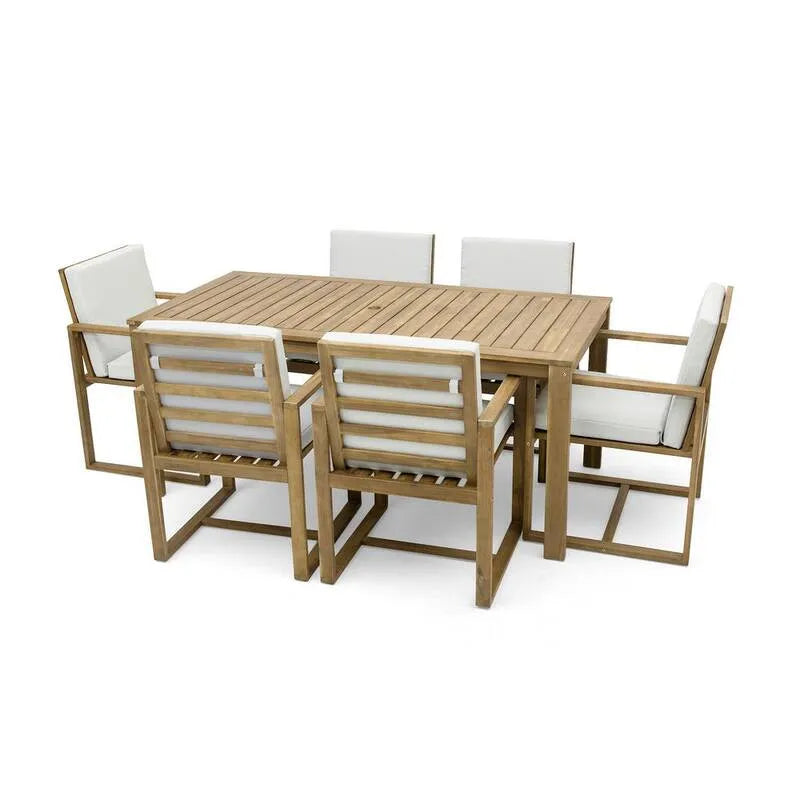 7 Teile Stück Acacia Wood Garten Essgruppe 7-Stück, Acacia Wood Garten Essgruppe mit dicken Beige Kissen und eingebautem Regenschirmloch