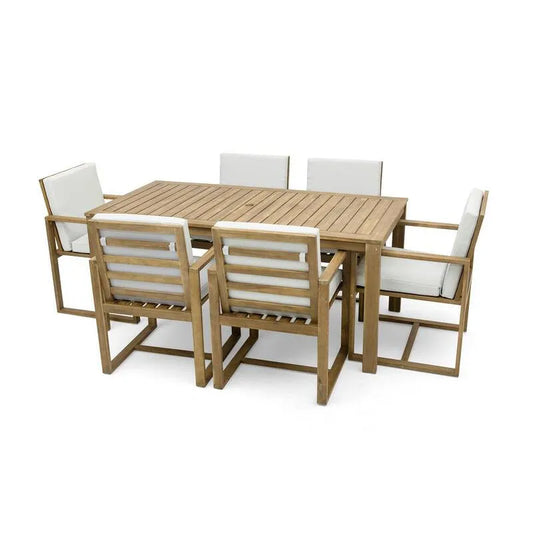 7 Teile Stück Acacia Wood Garten Essgruppe 7-Stück, Acacia Wood Garten Essgruppe mit dicken Beige Kissen und eingebautem Regenschirmloch