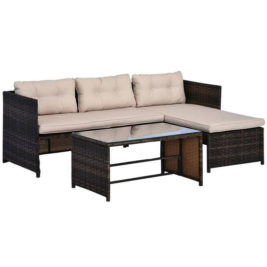 3 Teile Sofa Polyrattan L-Shape 3-Stück Patio Möbel Set, gehärteter Glastisch, Beige