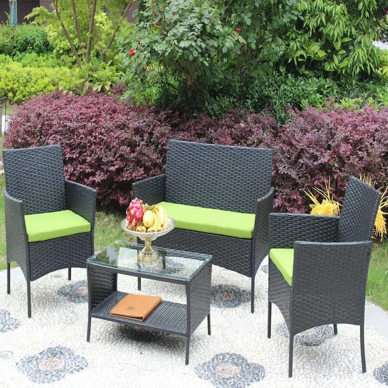 Sofa, gehärtetes Glas, Garten, Schnittset, Innenhof-Sofa, gehärteter Glastisch mit grünem Kissen