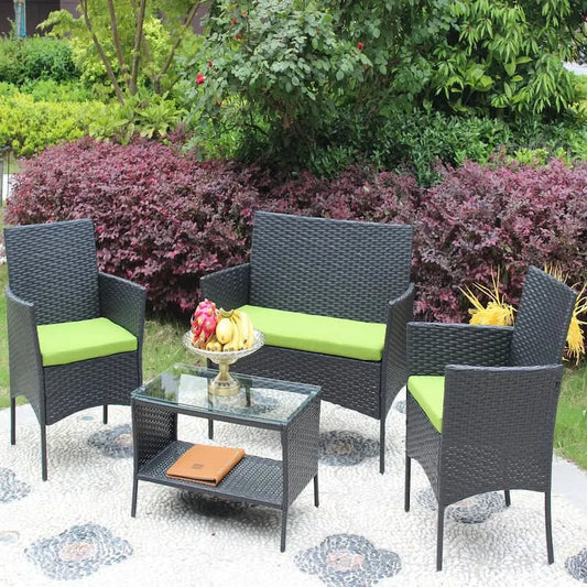 Sofa, gehärtetes Glas, Garten, Schnittset, Innenhof-Sofa, gehärteter Glastisch mit grünem Kissen