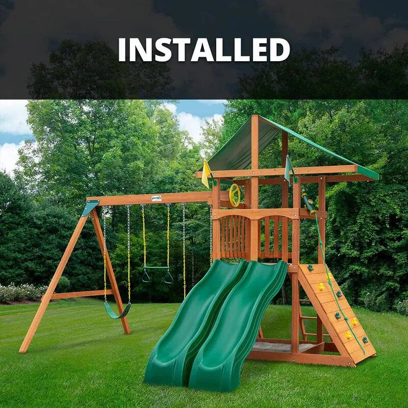 Swing Set 2-Slides, Outing III Holz Garten-Spielplatz mit Vinyl Dach, Beige, Swing-Sets