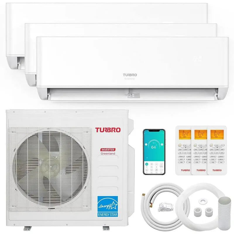 9K+12K+18K kanalloses Mini-Split-System 36000 BTU 3 Zonen SEER2, 21. 5 SEER2, 230V, 9K + 12K + 18K, WiFi-fähig, kanallose Wechselrichter-Wärmepumpe, Wärmefunktion, 36,000 BTU
