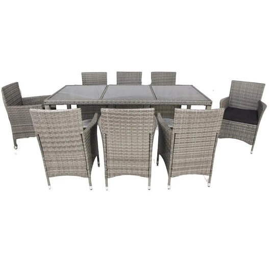 Teil Polyrattan Patio Garten Dining Set 9 Teile, Polyrattan Patio Garten Dining Set mit Glastischplatte und schwarzen Kissen