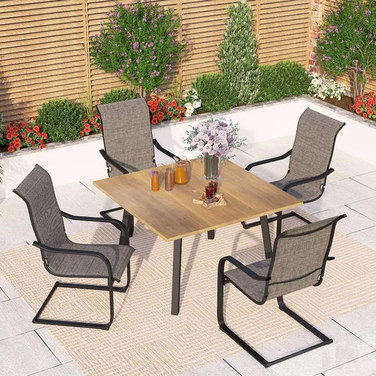 Teil Metal Patio Garten Essgruppe 5 Teile, Metal Patio Garten Essgruppe mit Holz-Look Square Table und C-Spring Textilene Patio Stühle, Schwarz